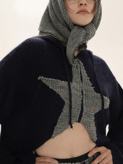Star jacquard zip up hooded knit cardigan