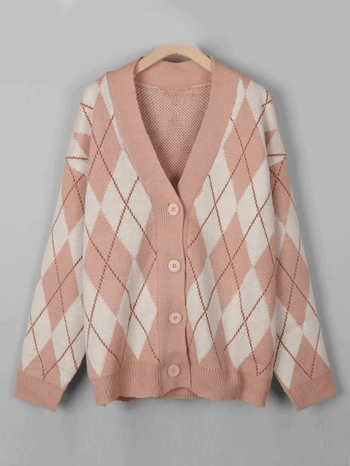 V neck argyle pattern knit cardigan