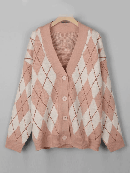 V neck argyle pattern knit cardigan