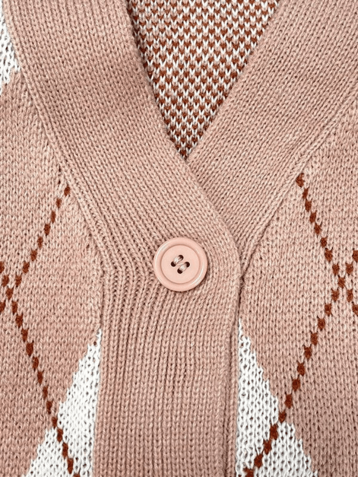 V neck argyle pattern knit cardigan