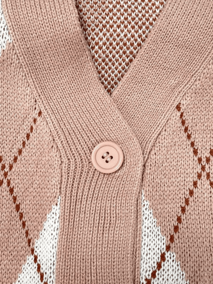 V neck argyle pattern knit cardigan