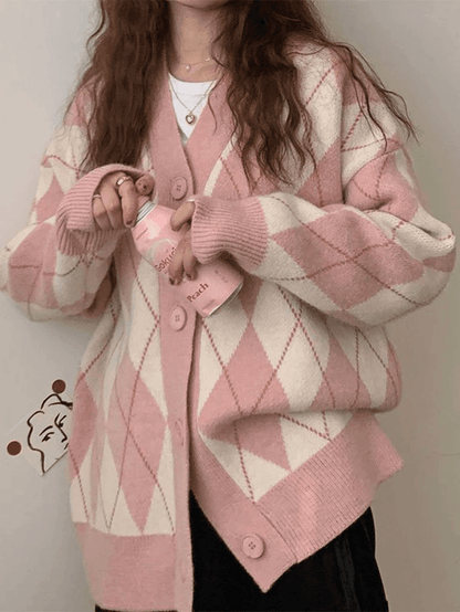 V neck argyle pattern knit cardigan