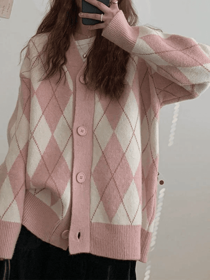 V neck argyle pattern knit cardigan