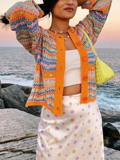 Striped crochet knit cardigan