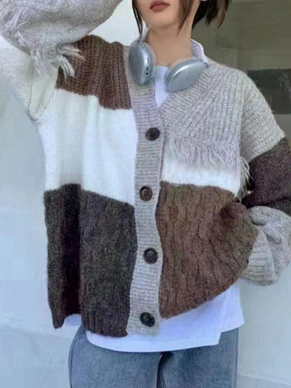 V neck splice tassel embellished knit cardigan