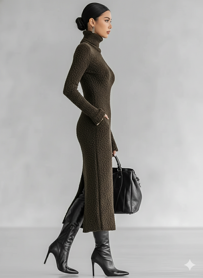 Women's Slim Fit Plush Knitted High Neck Side Slit Midi Dress MDA1401J4Y