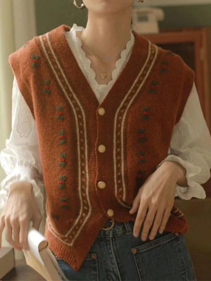 Vintage embroidery v neck sweater vest