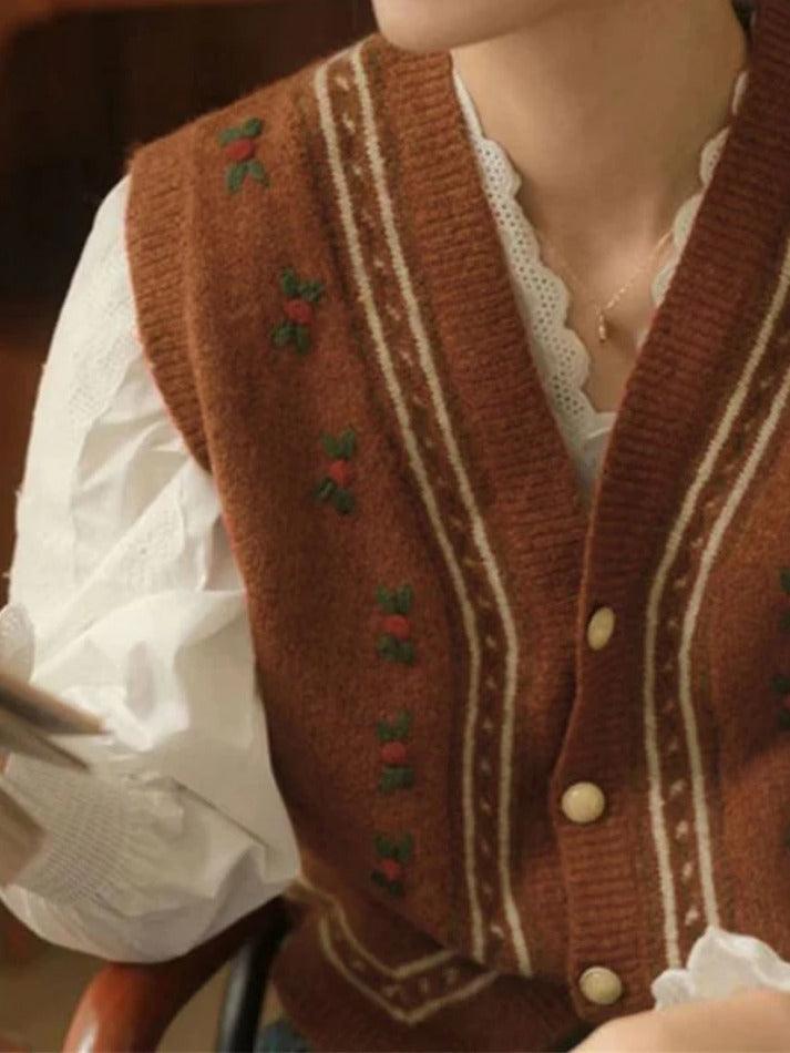 Vintage embroidery v neck sweater vest