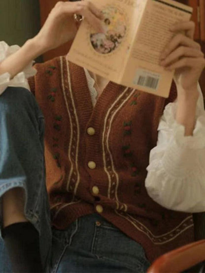 Vintage embroidery v neck sweater vest