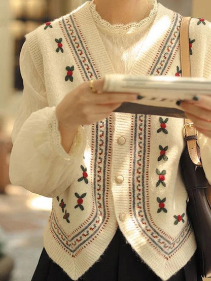 Vintage embroidery v neck sweater vest