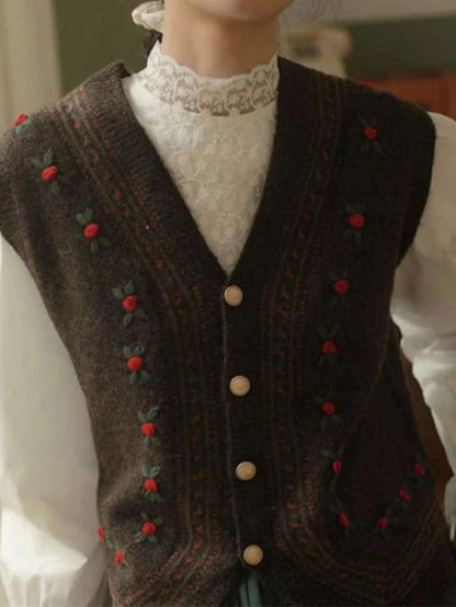 Vintage embroidery v neck sweater vest