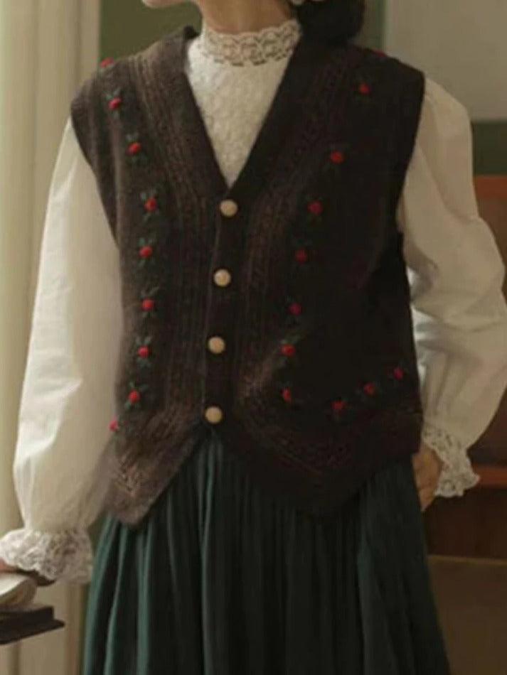 Vintage embroidery v neck sweater vest