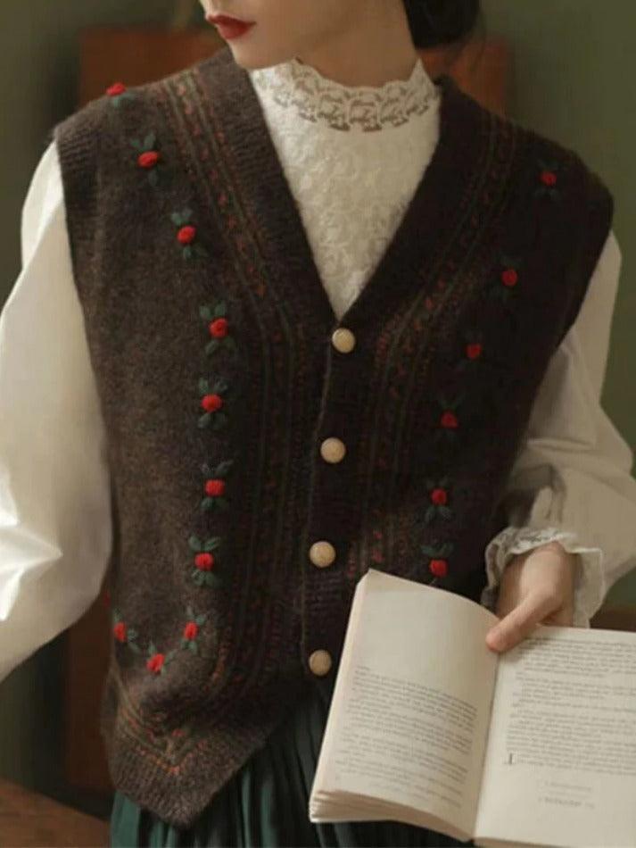 Vintage embroidery v neck sweater vest