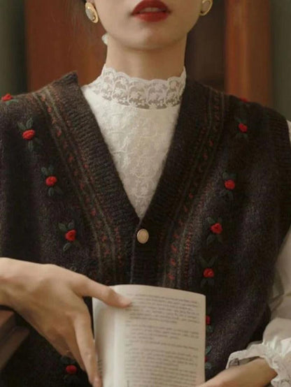 Vintage embroidery v neck sweater vest