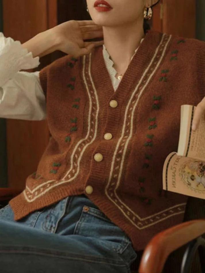 Vintage embroidery v neck sweater vest