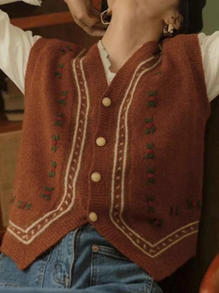 Vintage embroidery v neck sweater vest