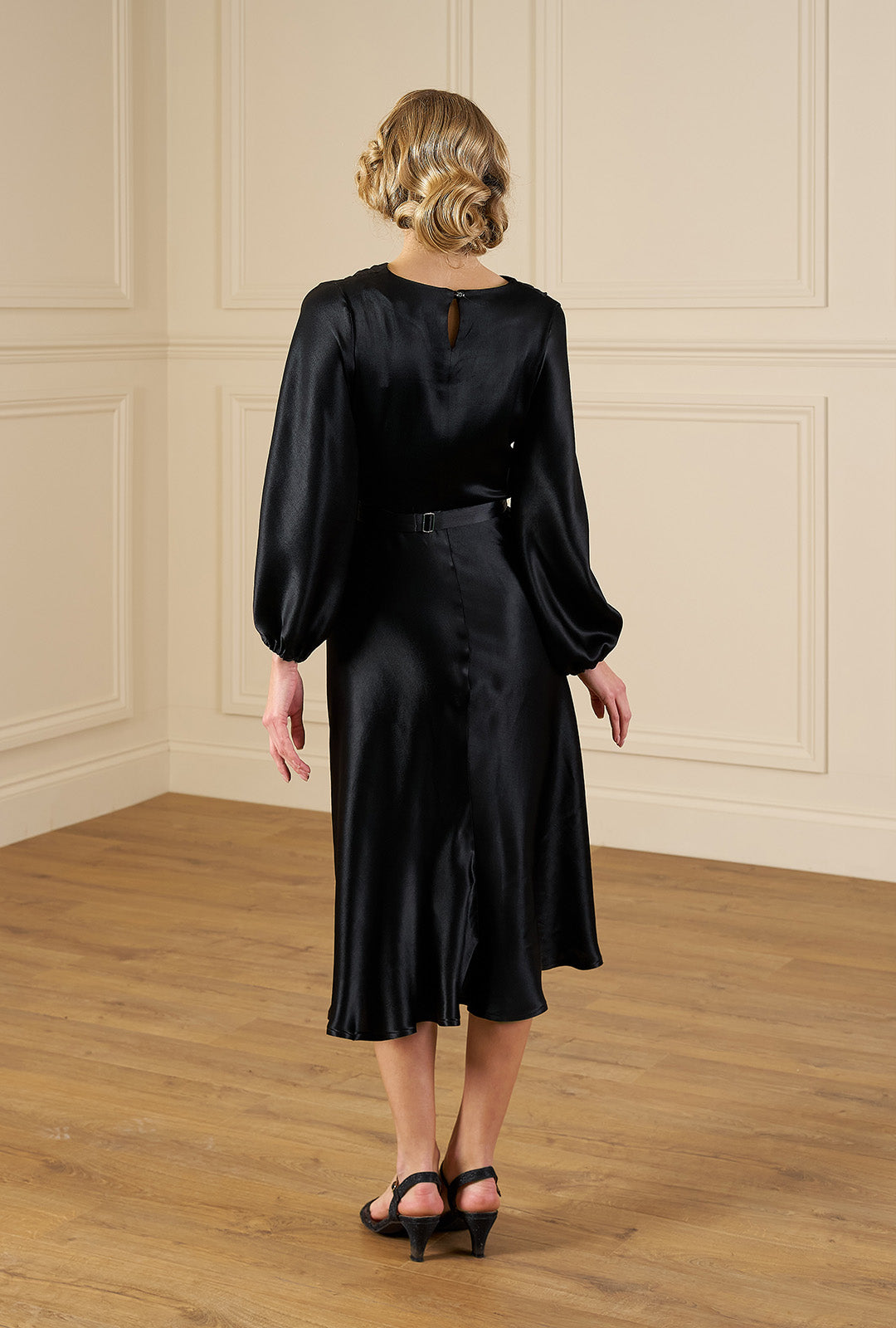 1930s Joanie Bias Cut Dress - Ebony Satin