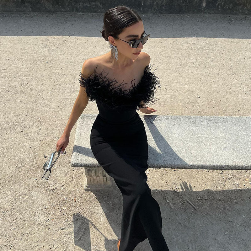 Tube Top Dress V-neck Woolen Fishtail Swing Dress