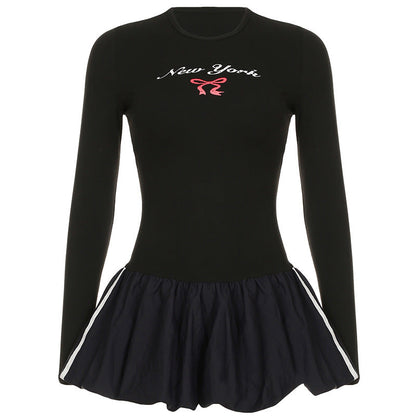 Street Sports Bud Short Dress Bow Printed Long-Sleeved Top Waist Tight A Line Dress