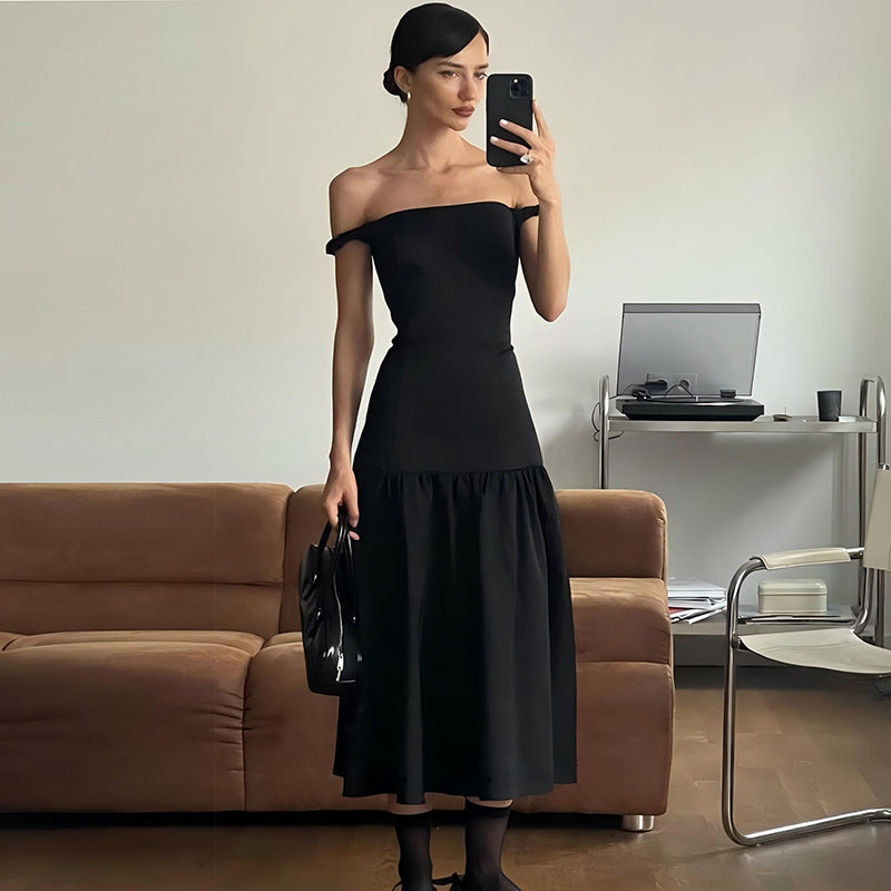 Solid Color Off Shoulder Tube Top Cinched Waist Slim Dress
