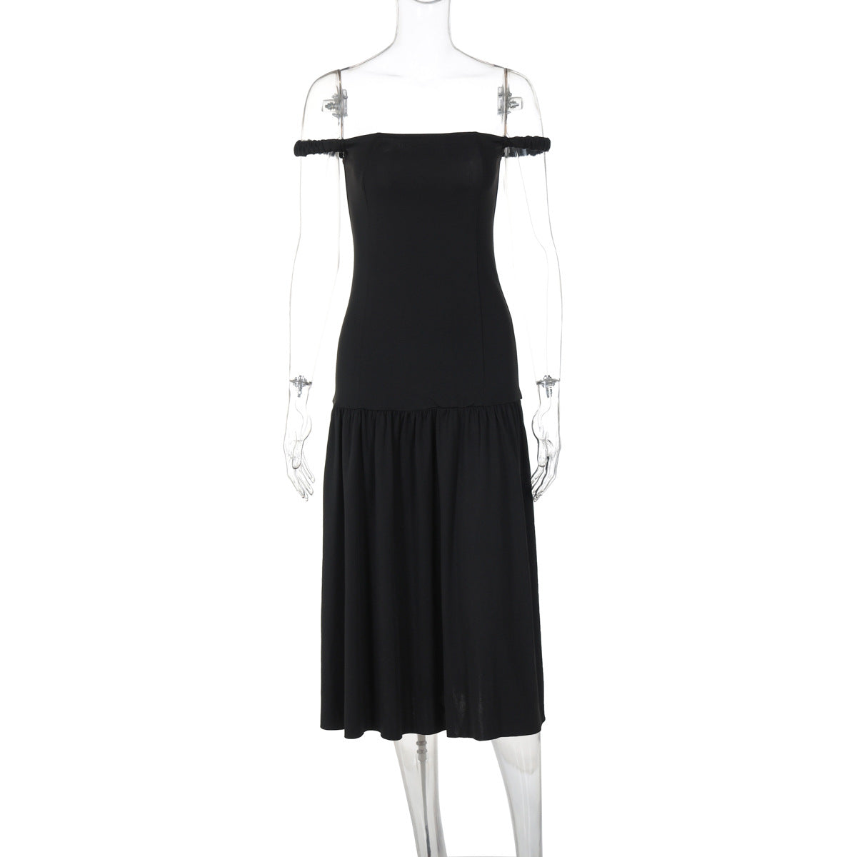 Solid Color Off Shoulder Tube Top Cinched Waist Slim Dress