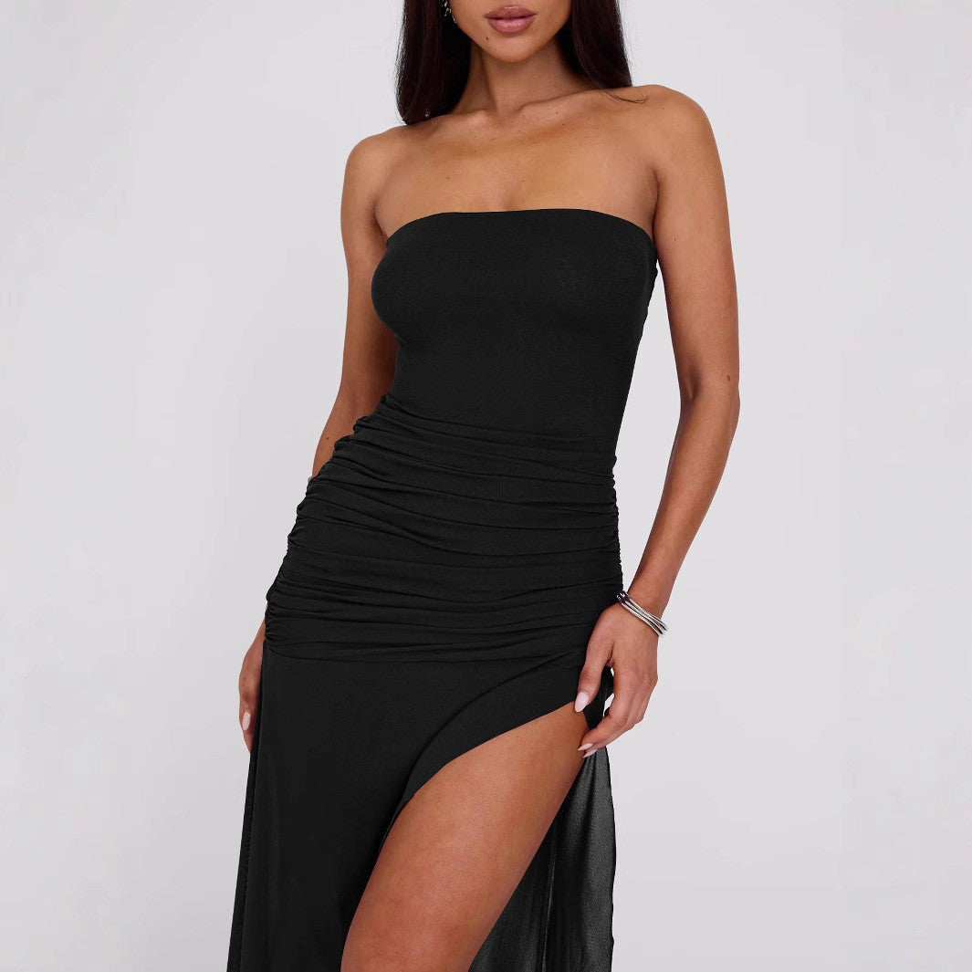 Wind Tube Top Backless Slim Fitting Patchwork Mesh Irregular Asymmetric Dress
