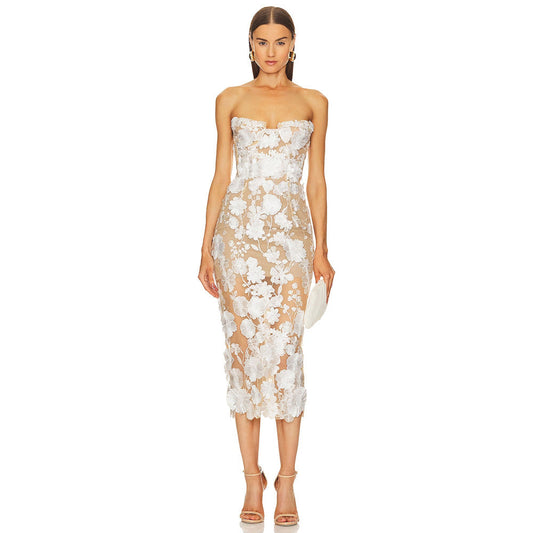 Tube Top Mesh Floral Mid Length Annual Meeting Party Catwalk Dress Holiday Photo Dress