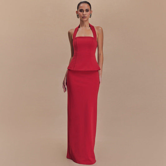 Solid Color Halter Top Backless Slim Fit Maxi Dress Two Piece Set