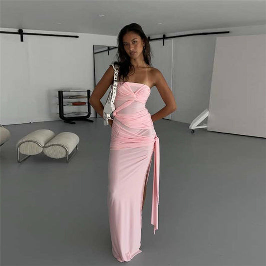 Twisted Backless Side Slit Tube Top Solid Color Dress