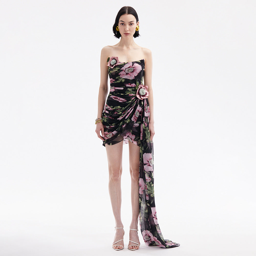 Printing Three Dimensional Embroidered Tube Top Dress Mesh Design