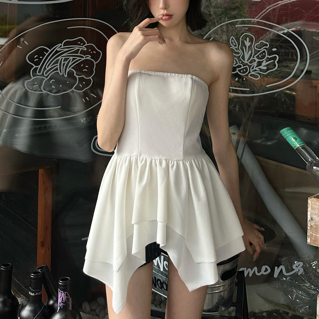 Tube Top Irregular Ruffle Short Slim Fit Top