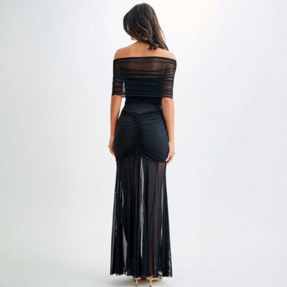 Tube Top Pleated Mesh Slim Fit Patchwork Dress Two Piece Set