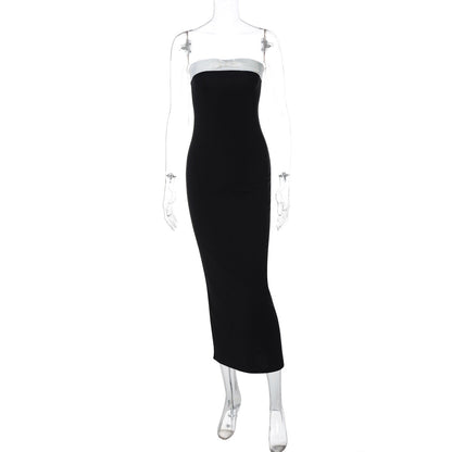 Tube Top Black White Color Matching Waist Slimming Slit Dress