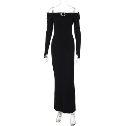 Tube Top Off Neck Back Slit Solid Color Mid Length Dress