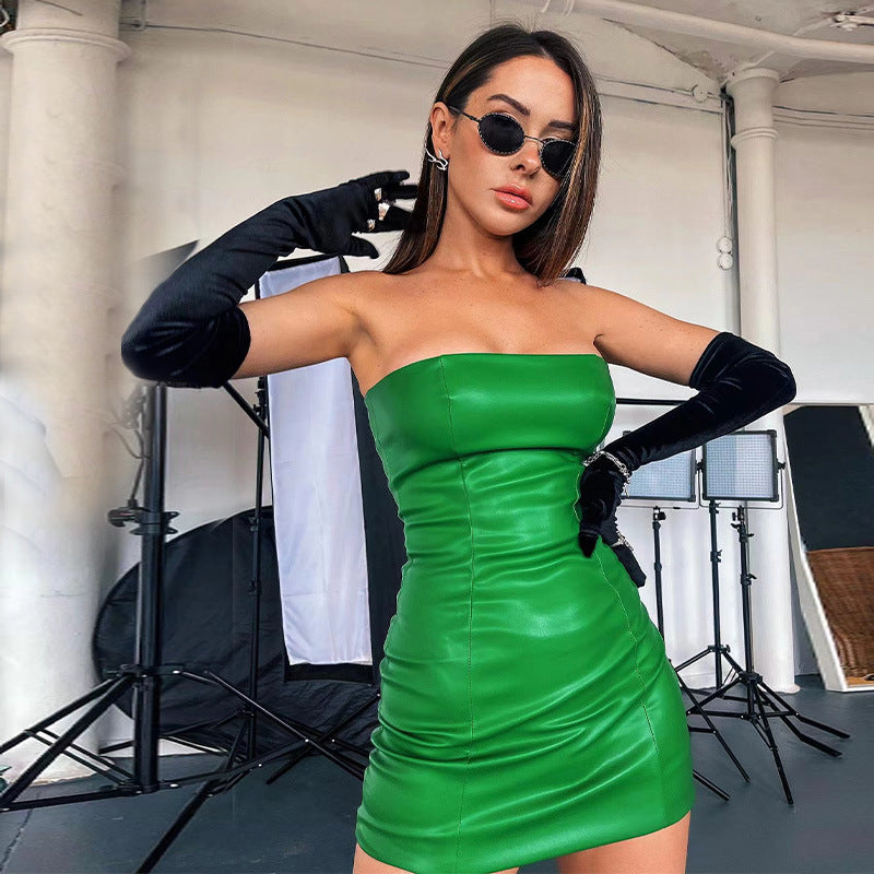 Popular Tube Top Faux Leather Sheath Dress
