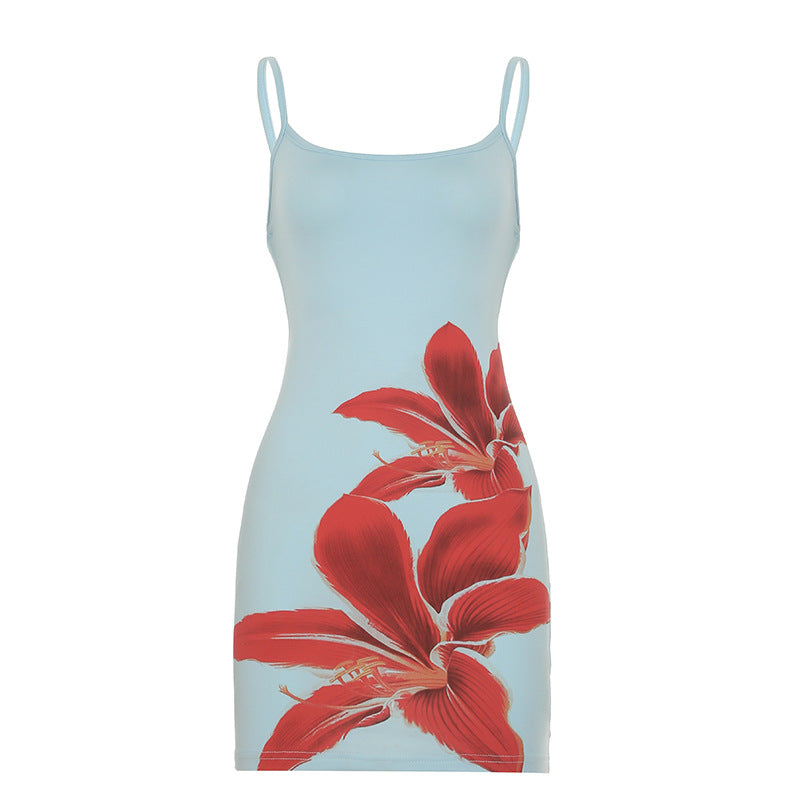 Tube Top Floral Print Slim Fit Contrast Color Sheath Sling Dress