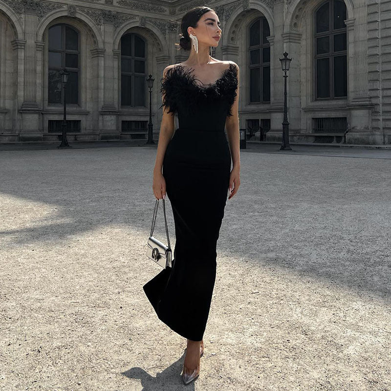 Tube Top Dress V-neck Woolen Fishtail Swing Dress