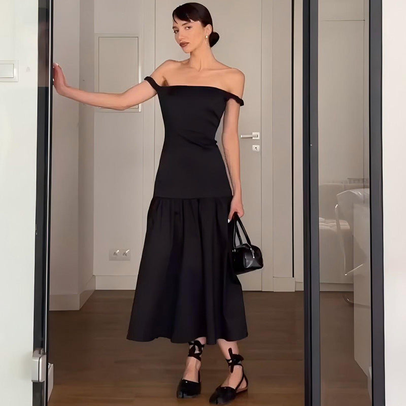 Solid Color Off Shoulder Tube Top Cinched Waist Slim Dress