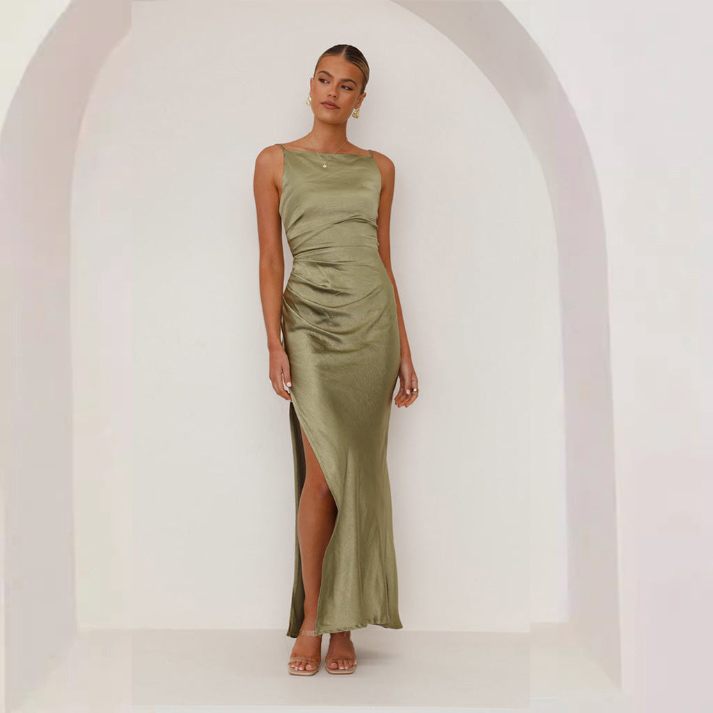 Solid Color Sleeveless Tube Top Maxi Dress Slim Fit Backless Slit Dress