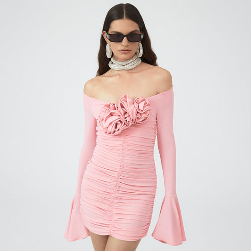 Pink Bell Sleeve Floral Dress Pleating Tube Top Dress Design