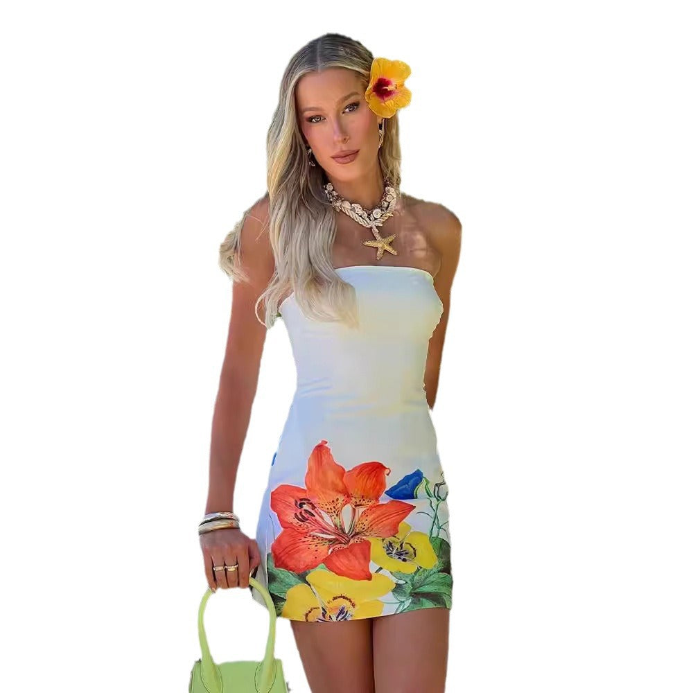 Tube Top Cinched Waist Positioning Printed Dress Dress Nightclub
