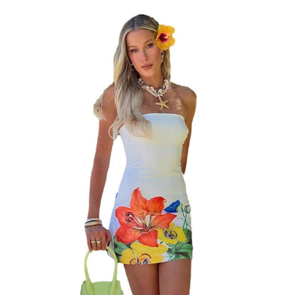 Tube Top Cinched Waist Positioning Printed Dress Dress Nightclub