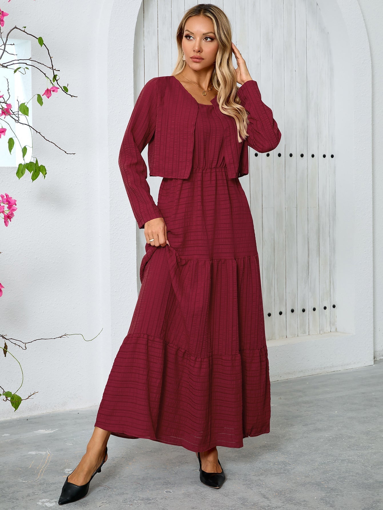 Round Neck Long Sleeve Top Loose Dress Suit Middle East Two Piece Set