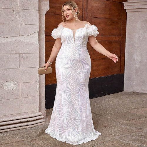 Plus Size Dress Puff Sleeve Sequin Stitching Cocktail Party Tube Top Dress