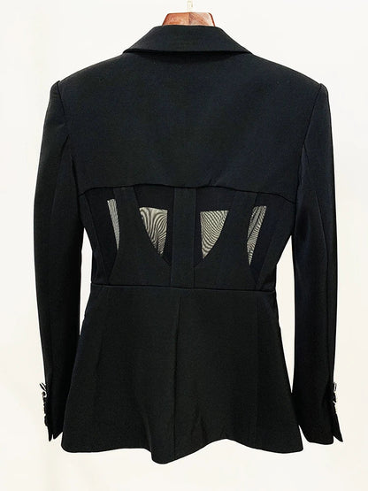 Perspective Gauze Patchwork Blazer Pencil Pant Suit