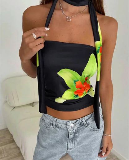 Ribbon Sleeveless Backless Floral Print Top
