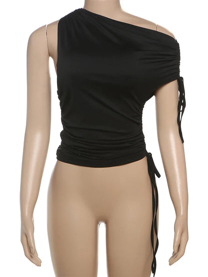 Slash Neck Shirring Bandage Solid Top
