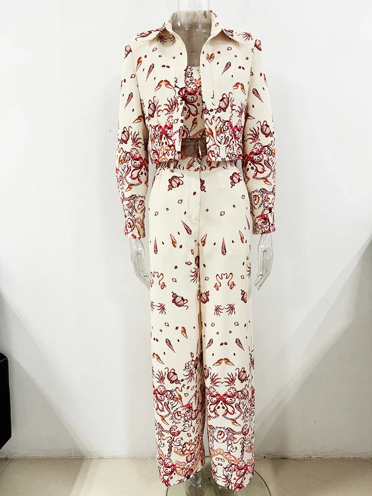 Red Flower Print Blazer Top Pant 3 pcs Suits