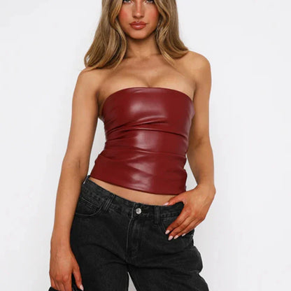 PU Leather Strapless Pleated Tube Top