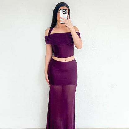 Purple Mesh Two-Piece Set with Sheer Halter Top and Long Skirt